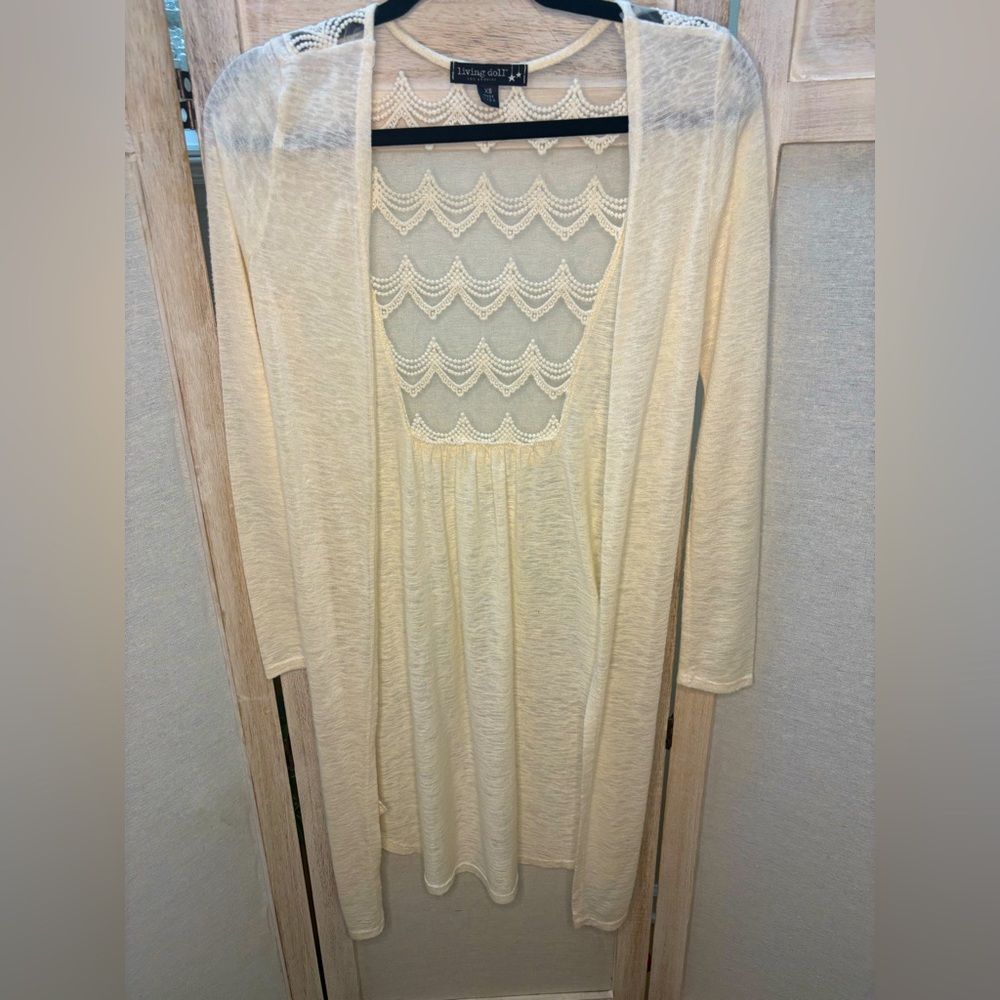 Living Doll side split sheer lace back open cardigan XS/S🌺5 for $30